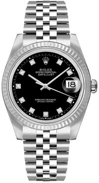 Rolex Datejust 36 Black Diamond Dial Steel & 18k White Gold Unisex Watch 16234
